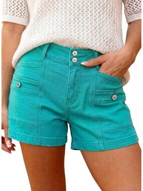 Women's Sea Green High Waisted Stretchy Shorts Double Button Denim Jean Shorts
